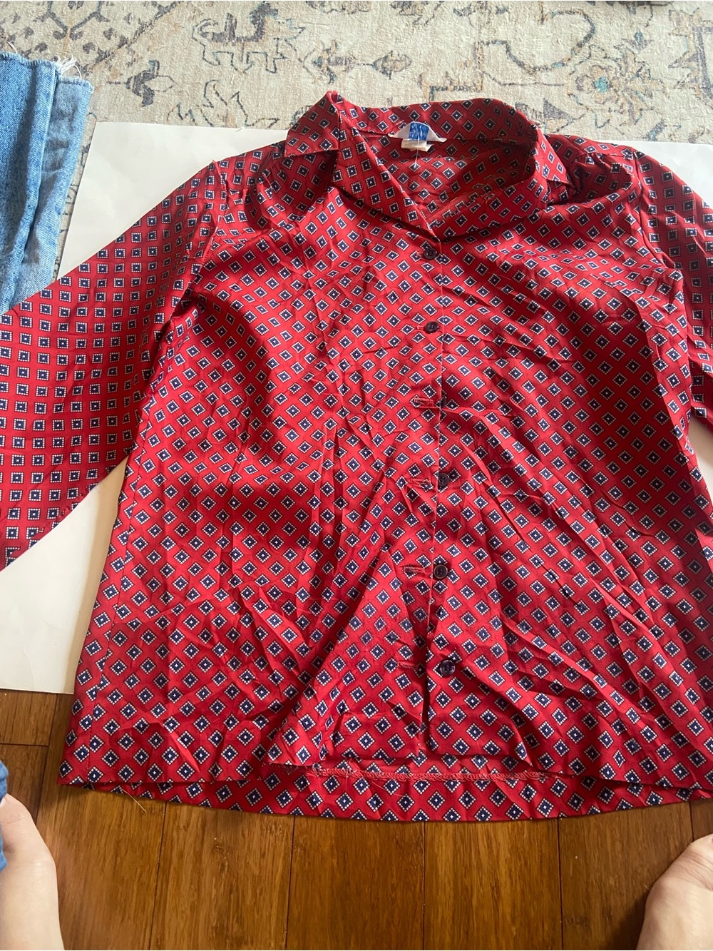 Vintage Sears Red Geometric Pattern Women’s Button-Up Shirt
